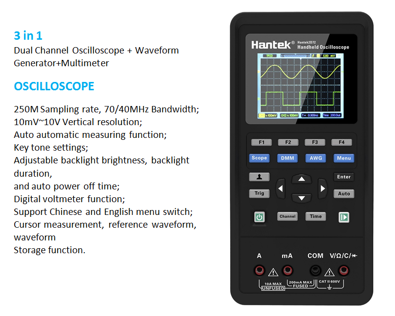 New Hantek Handheld Oscilloscope 2D42 40MHz DMM Multimeter 25M Signal Generator 